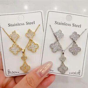 Diamond Silver Double Clover Necklace + Earrings Set